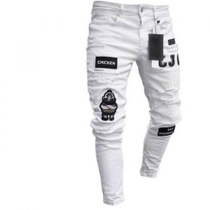 Jeans Hommes Skinny Blanc - FUNMOON - Patch Trou Déchiré - Streetwear Biker - Slim Fit Vêtements Crayon