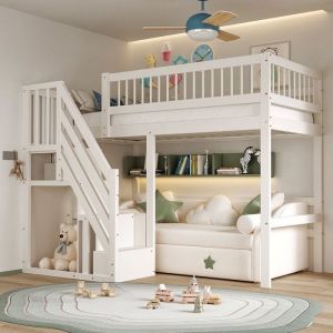 O.Ye Lit enfant 90*200cm escalier avec rangements lit ado lit simple structure bois massif version sur&eacute;lev&eacute;e blanc LIT COMBINE