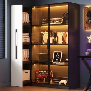 Vitrine en verre LED avec rangement et tiroir lat&eacute;ral roulettes MDF et verre noir 1105x35x160 cm