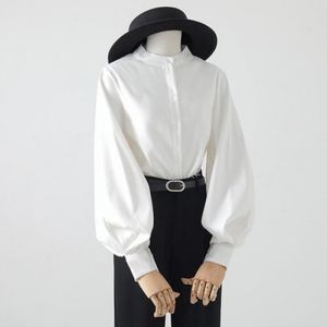 Chemise à manches longues pour femmes chemise à manches ballon Chemise vintage unie à col montant hauts de printemps Blanc