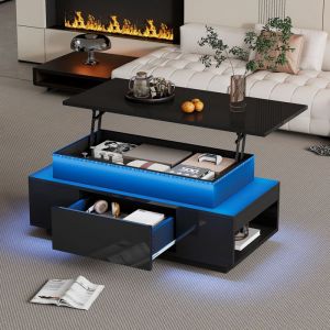 KoDise Table basse relevable table basse noire avec 1 tiroir et espace de rangement &eacute;clairage LED - pour bureau et salon