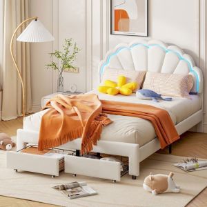 Lit Rembourré 140x200 avec Tiroir Lit Enfant LED Lit Capitonné en velours Lit Simple Lit Fille Tête de lit réglable Blanc