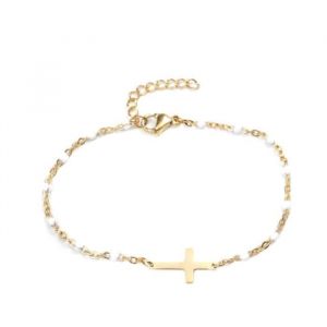 Bracelet Chapelet Maille Perles Fines R&eacute;sine Couleurs Cadeau Plaqu&eacute; Or Gigi2 Blanc