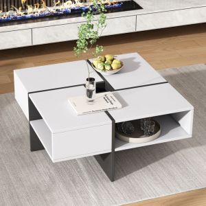 Moderne Table Basse 70x70x35 cm - Plateau panneau bois - Table basse carrée pour salon - Rangement - Blanc - Table de Salon