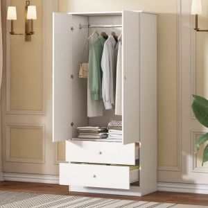 Armoire de Chambre Blanche - 2 Tiroirs Porte-Robe Intégré & 175cm de Haut  Idéale Chambre/Couloir  Organisation Optimale