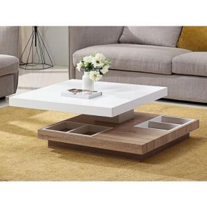 Table basse - Plateau pivotant - MDF laqué blanc et chêne - FAUSTO II