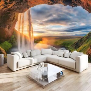 Papier Peint Panoramique Grotte Cascade Vue Sur Le Coucher De Soleil 3D Soie Murale 396X280Cm (L&times;H) Tapisserie Poster Geant Mural