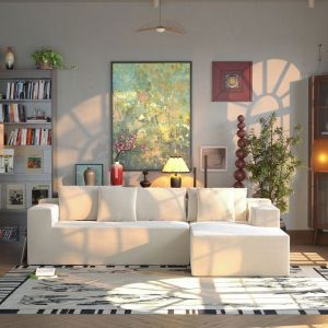 Canap&eacute; d&rsquo;angle droit 5 places convertible avec t&ecirc;ti&egrave;res Tissu 175x270x62cm Beige