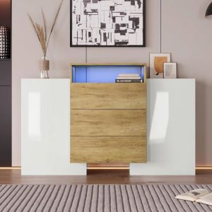 Buffet Blanc et Bois avec Lumière LEDBuffet de Salon avec 2 Portes et 3 TiroirsCommode Blanc Laqué Armoire de Rangement140x30x90