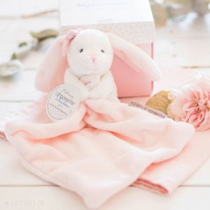 Doudou lapin 10 cm polyester JAIME MON DOUDOU rose et blanc