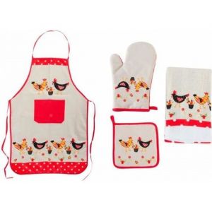 Set de 4 : Tablier de cuisine + gant + manique + torchon Poule