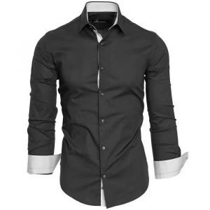 Chemise Homme Col Bicolore Uni Manches Longues Coupe Slim Business Idée Cadeau Noël Saint Valentin XH431HEI noir