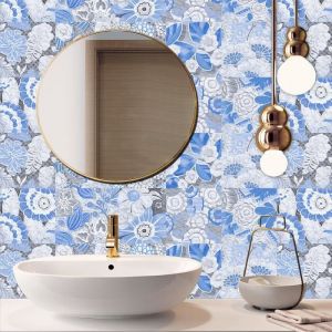 20 Pièces Stickers Carrelage Cuisine - Bleu Motif de fleur -15x15cm - Vinyl Imperméable Auto-adhésif Autocollants Salle de Bain