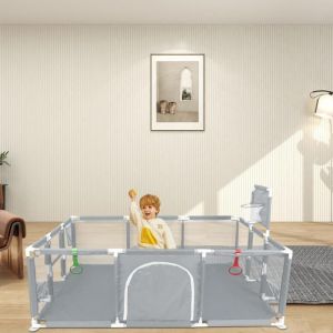 SUPFINE Parc Bébé Modulable Pliable Barrière pour Bébé avec Panier de Basket et But de Football 180*120*66cm Gris Foncé