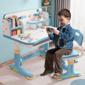 Ensemble de Bureau Fonctionnel et Chaise pour Enfants Chaise de Table d&eacute;tude Scolaire pour Enfants ajust&eacute; en Hauteur Bleu