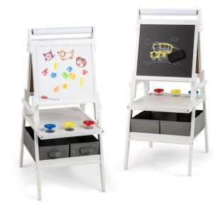 GOPLUS Tableau Enfant pour Enfants-Tableau Blanc/Noir à CraieRouleau de Papieravec Étagère3 Pots et 2 Tiroirs en TissuBlanc
