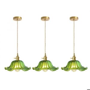 iDEGU 3pcs Suspension Luminaire Vintage25cm Lampe de Plafond Industriel Abat-jour en Verre Design Fleur Lustre Style EdisonVert