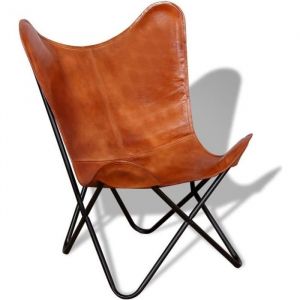 Chaise papillon en cuir v&eacute;ritable - Marron - Style r&eacute;tro - Fauteuil salle &agrave; manger