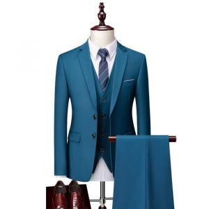 (Veste+Gilet+Pantalon)Costume Homme 3 pièces Mariage Business Fit Smoking Simple Poitrine Men Suits XHB354 bleu