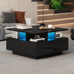 Table basse Carr&eacute;e LED et 4 Tiroirs Design Rangement Meuble Salon Style Moderne 70x70x40 cm Noir brillant