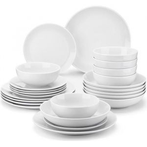 MALACASA Vaisselle AMELIA Service Complet de Table 24 pi&egrave;ces Rond Premium en Porcelaine avec pour 6 personnes - Blanc