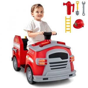 DREAMADE Voiture de Pompier Électrique 12v pour Enfants Camion de Pompiers avec Pelle Clé Échelle Casque de Sécurité Rouge