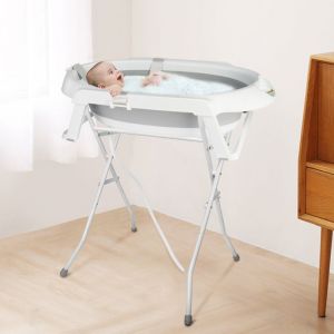 B.LIVEM Baignoire pour B&eacute;b&eacute; avec Trou de Drainage Table de Bain et dallaitement pour Nouveau-n&eacute; Table &agrave; Langer Pliable Gris
