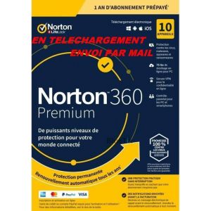 Avec CB - NORTON 360 PREMIUM 2024 avec Abonnement - 10 Appareils PC MAC Android - 1 AN - 75GB CLOUD - Envoyé par email - ESD