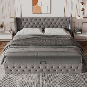 Lit coffre - Non spécifié - 160x200 cm - Velours gris - Tête de lit haute - 300 kg de charge