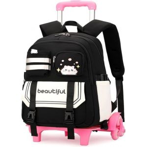 Sac a Dos à Roulettes pour Filles de 9 à 16 ans Cartable à Roulettes pour Enfants Adolescents avec 6 Roues Sac Ecole Léger Noir