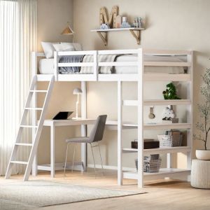 Lit mezzanine 90x200cm lit mezzanine enfant avec bureau étagères de rangement escalier sommier à lattes bois massif blanc