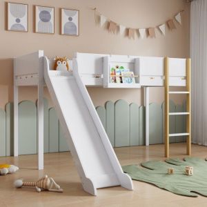 Lit mezzanine pour enfant 90 x 200 cm lit en bois avec compartiments de rangement toboggan et &eacute;chelle &agrave; trois marches pin blanc