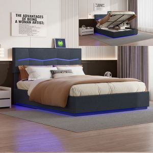 Lit coffre hydraulique 160x200 cm avec LED Lit rembourré Lit double 2 personnes avec sommier et tête de lit réglable Cuir Noir
