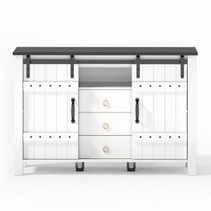 Buffet 120cm blanc rustique - Portes coulissantes 3 tiroirs - Meuble dappoint cuisine/salon/salle à manger