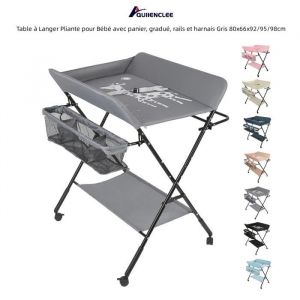 QUIIENCLEE Table à Langer Pliante pour Bébé avec panier gradué rails et harnais Gris 80x66x92/95/98cm [Motif de girafe]