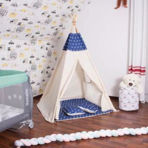 Tente Tipi pour enfant en coton SPRINGOS - &eacute;toiles / bleu marine - 180x120x100 cm