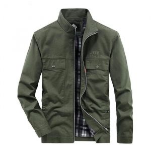Blouson Homme Col Montant En Coton Demi-Saison Casual Veste Zippee Multi Poches Couleur Unie Printemps Et Automne - Vert Militaire