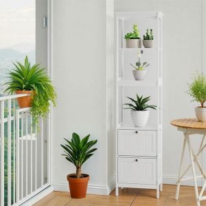 Colonne de rangement &eacute;troite 40 x 30 x 160 cm meuble salle de bain blanc 2 tiroirs et 3 &eacute;tag&egrave;res &agrave; poser