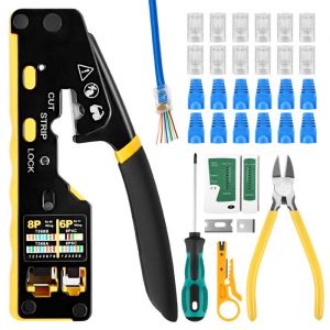 Pince &agrave; sertir RJ45 Kit de sertissage avec testeur de c&acirc;ble r&eacute;seau 50 fiches CAT6 50 Bottes pour fiches r&eacute;seau CAT5/CAT6/CAT7