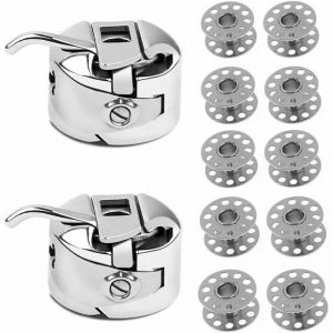 Lot de 10 bobines de machine à coudre en métal + 2 étuis à canettes pour machines Toyota Brother Janome Elna Bernina Singer