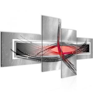 Tableau D&eacute;coration Murale 200x95 cm Runa art 103641b Abstrait - 4 Panneaux Deco Toile Pr&ecirc;t &agrave; Accrocher - Gris Rouge