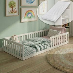 Lit au sol 90x200 - Lit Montessori en bois de pin - Matelas INLCUS - Lit enfant avec sommier et protection anti-chute - Blanc