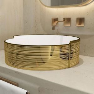 MEJE Vasque à rayures dorées de 42 x 42 cm lavabo de salle de bain au-dessus du comptoir évier en porcelaine et céramique.