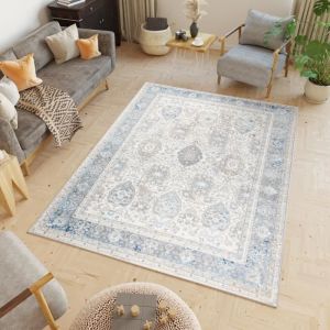 TAPISO Tapis Salon Poils Ras Valley Bleu Cr&egrave;me Gris Ornemental Polyester Int&eacute;rieur 300x400
