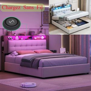 Lit coffre capitonn&eacute; 160x200 avec LED lit double adulte avec recharge sans fil et rangement hydraulique cadre de lit avec sommier