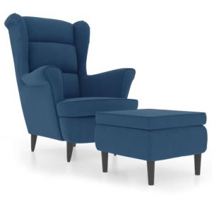 Fauteuil à oreilles avec tabouret - AKOZON - Bleu velours - Confortable - Design contemporain - 1 place