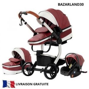 BAZARLAND30.Poussette 3 en 1 Bébé Combinée Siège-Auto Nacelle Trio Réversible cuir pu Roues increvables Canne.rouge