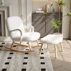 Fauteuil à Bascule avec repose-pieds - LUMINARIX - Chaise à Bascule -  bois massif -Scandinave -Cachemire à poils longs -blanc