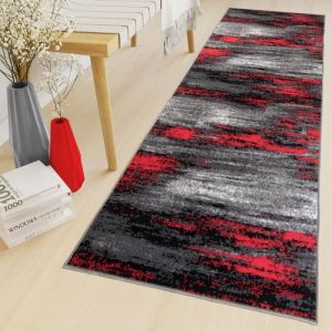 TAPISO Maya Tapis de Couloir Passage Moderne Mouchet&eacute; Gris Noir Rouge Fin 70 x 220 cm