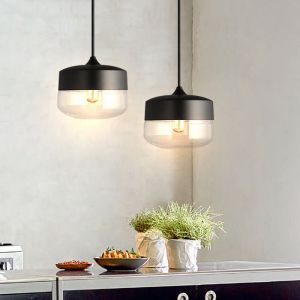 SNOGOLD 2PCS Suspension Luminaire Industriel E27 Lustre Moderne Abat-jour Cylindre Aplatie Noir/Transparent en Verre - Ø25 * H23cm